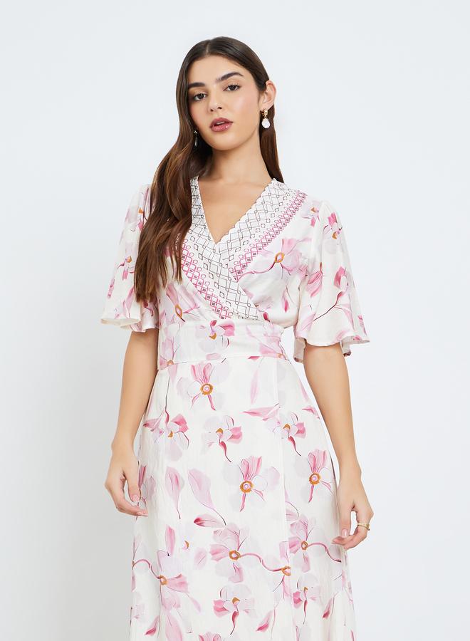 Styli Women Pink Floral Short Sleeves A-Line Maxi Dress - Image 1